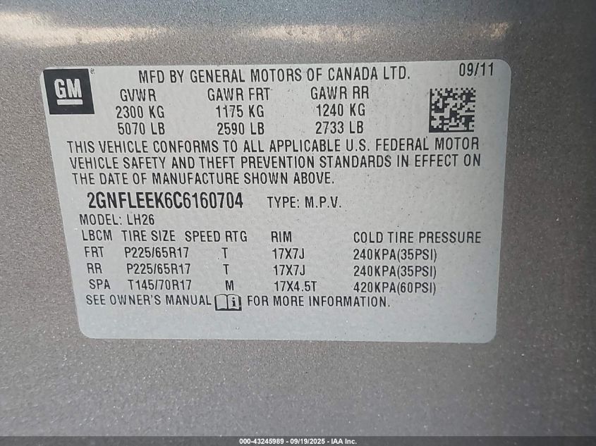 2012 Chevrolet Equinox VIN: 2GNFEEK6C6160704 Lot: 43245989