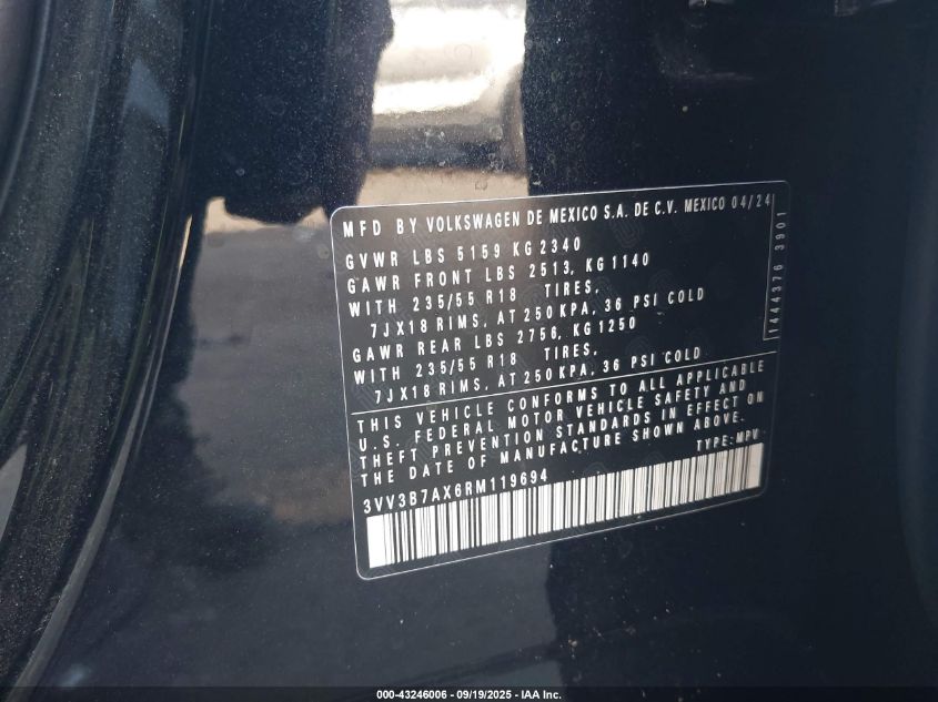 2024 Volkswagen Tiguan 2.0T Se/2.0T Wolfsburg Edition VIN: 3VV3B7AX6RM119694 Lot: 43246006