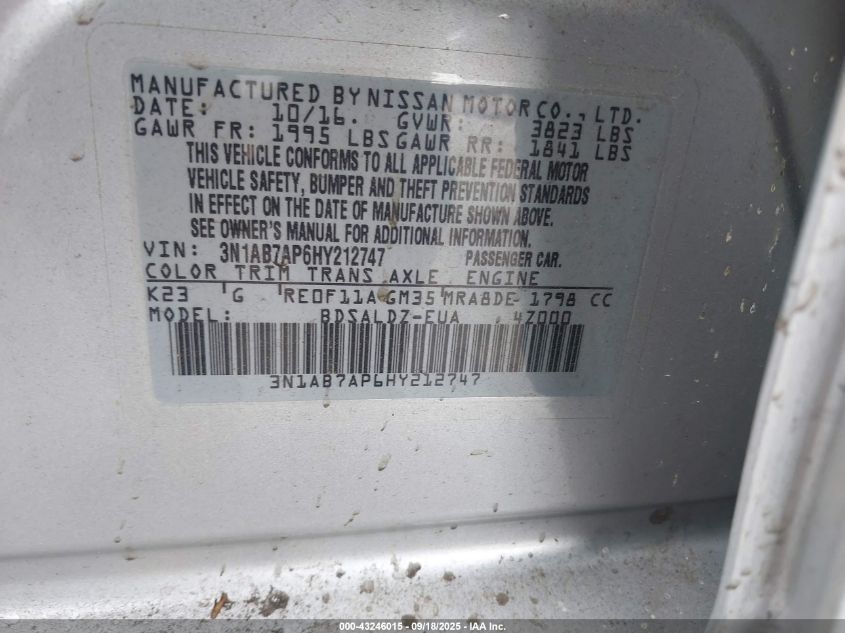 2017 Nissan Sentra Sv VIN: 3N1AB7AP6HY212747 Lot: 43246015