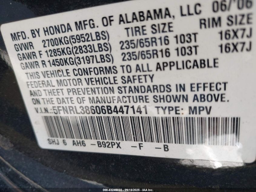 2006 Honda Odyssey Ex-L VIN: 5FNRL38606B447141 Lot: 43246022