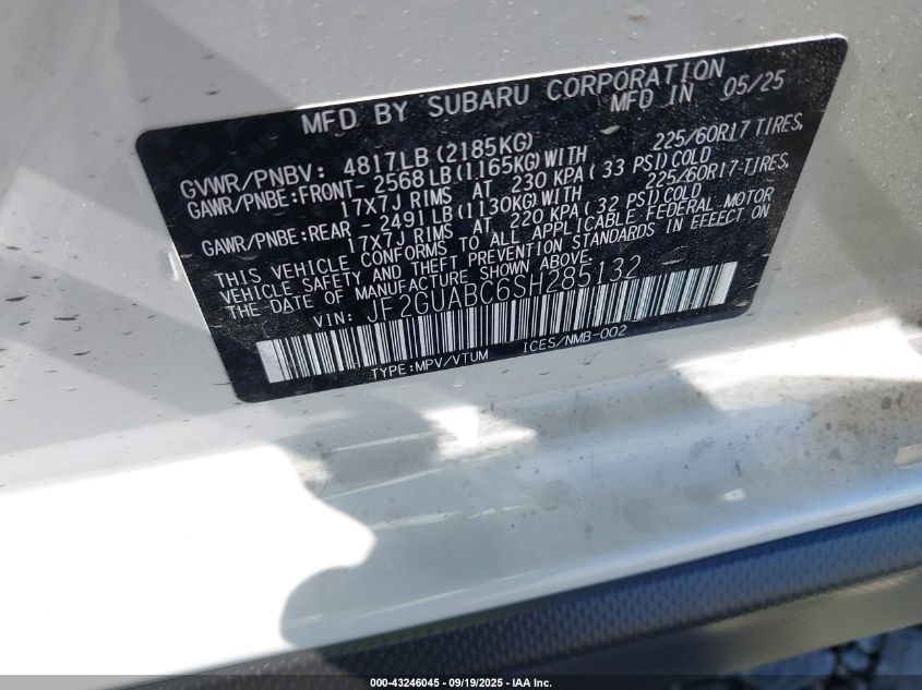 2025 Subaru Crosstrek VIN: JF2GUABC6SH285132 Lot: 43246045