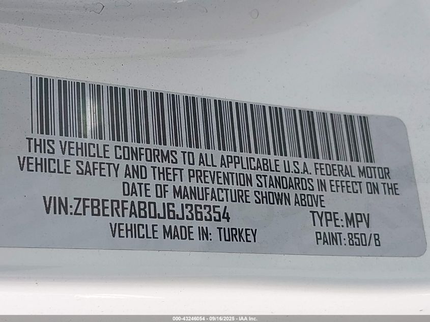 2018 Ram Promaster City Tradesman VIN: ZFBERFAB0J6J36354 Lot: 43246054