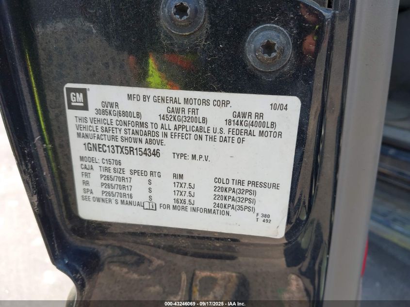 2005 Chevrolet Tahoe Lt VIN: 1GNEC13TX5R154346 Lot: 43246069