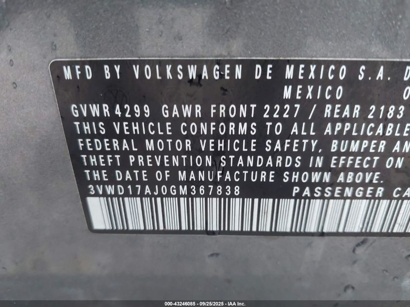 2016 Volkswagen Jetta 1.8T Sport VIN: 3VWD17AJ0GM367838 Lot: 43246085