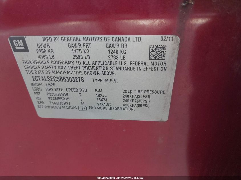 2011 GMC Terrain Sle-2 VIN: 2CTALSEC5B6383278 Lot: 43246093