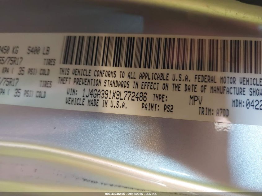 2009 Jeep Wrangler Unlimited X VIN: 1J4GA391X9L772486 Lot: 43246105