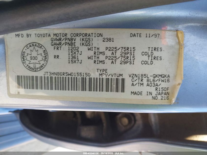 1998 Toyota 4Runner Sr5/Sr5 V6 VIN: JT3HN86R5W0155150 Lot: 43246106
