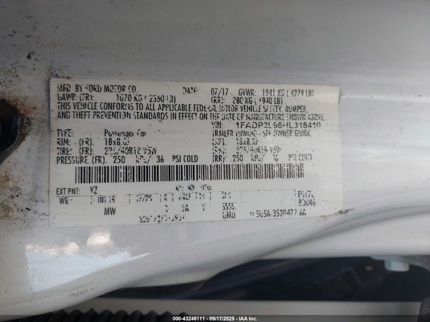 2017 Ford Focus St VIN: 1FADP3L96HL318410 Lot: 43246111