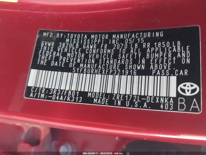 2015 Toyota Corolla Le VIN: 5YFBURHEXFP321916 Lot: 43246117