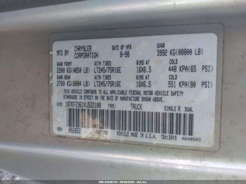 1999 Dodge Ram 2500 VIN: 1B7KF2361XJ522188 Lot: 43246118