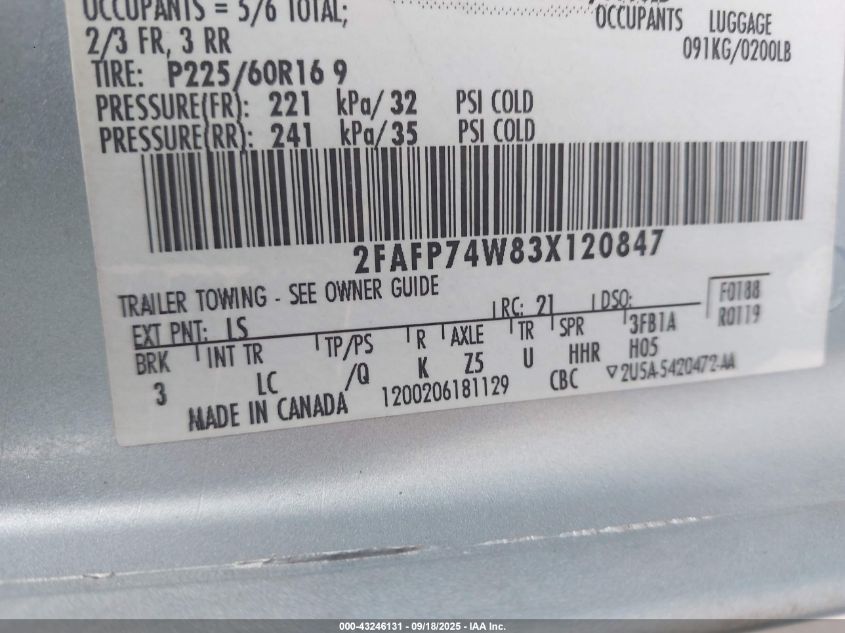 2003 Ford Crown Victoria Lx VIN: 2FAFP74W83X120847 Lot: 43246131