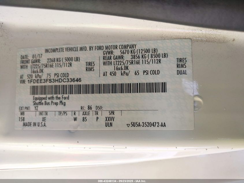 2017 Ford E-350 Cutaway VIN: 1FDEE3FS3HDC33646 Lot: 43246134