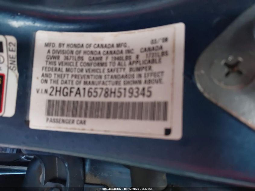 2008 Honda Civic Lx VIN: 2HGFA16578H519345 Lot: 43246137