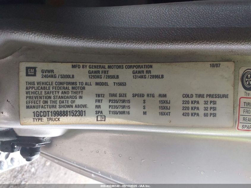 2008 Chevrolet Colorado Work Truck VIN: 1GCDT199888152301 Lot: 43246140