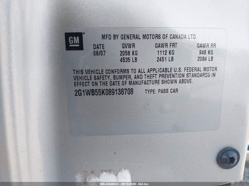 2008 Chevrolet Impala Ls VIN: 2G1WB55K089138708 Lot: 43246141