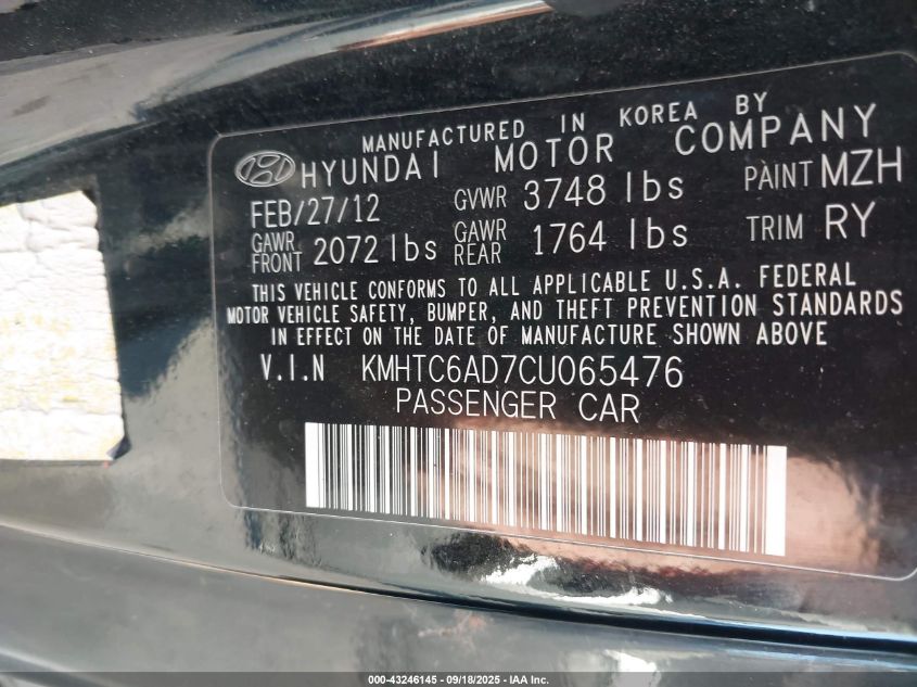 2012 Hyundai Veloster Base W/Gray VIN: KMHTC6AD7CU065476 Lot: 43246145