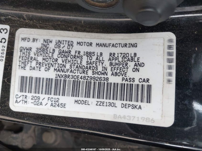 2008 Toyota Corolla S VIN: 1NXBR30E48Z992638 Lot: 43246167