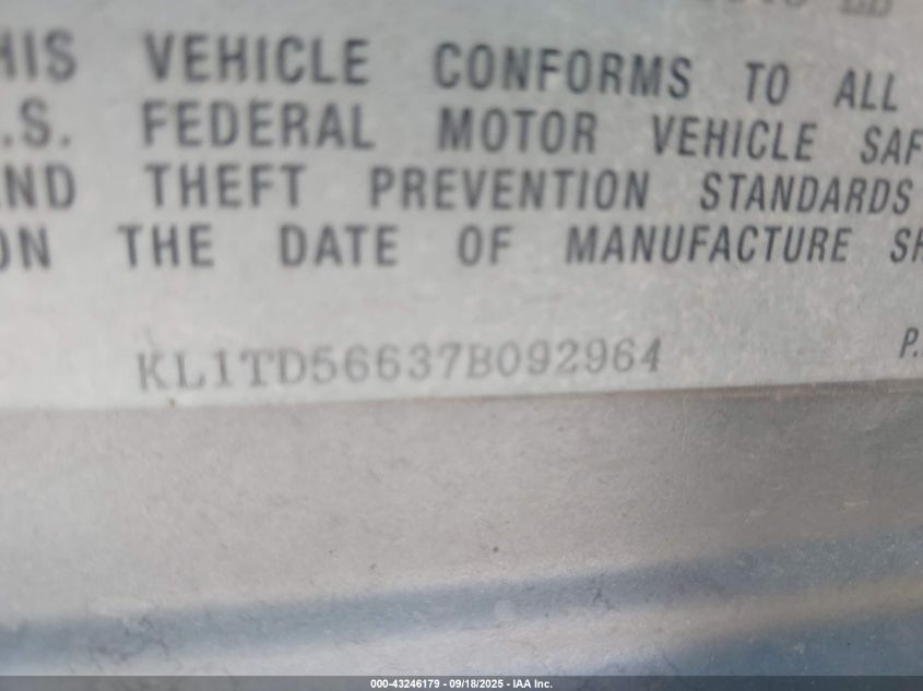 2007 Chevrolet Aveo Ls VIN: KL1TD56637B092964 Lot: 43246179