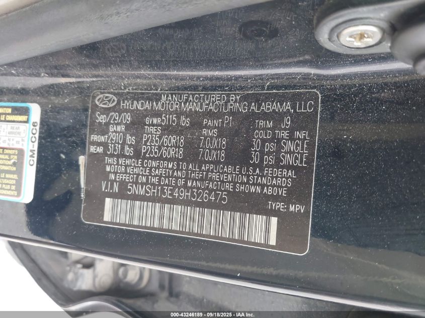 2009 Hyundai Santa Fe Limited VIN: 5NMSH13E49H326475 Lot: 43246189