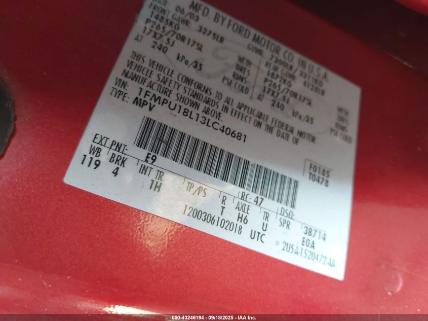 2003 Ford Expedition Eddie Bauer VIN: 1FMPU18L13LC40681 Lot: 43246194