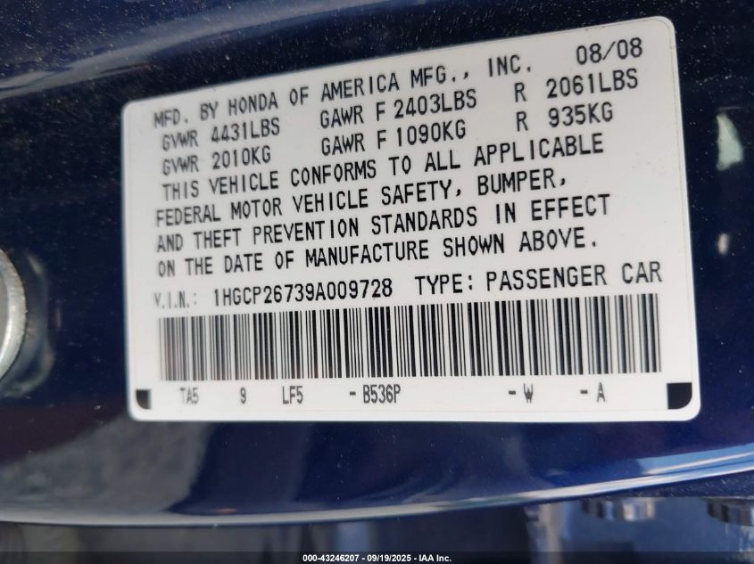 2009 Honda Accord 2.4 Ex VIN: 1HGCP26739A009728 Lot: 43246207