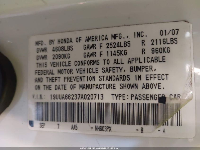 2007 Acura Tl 3.2 VIN: 19UUA66237A020713 Lot: 43246210