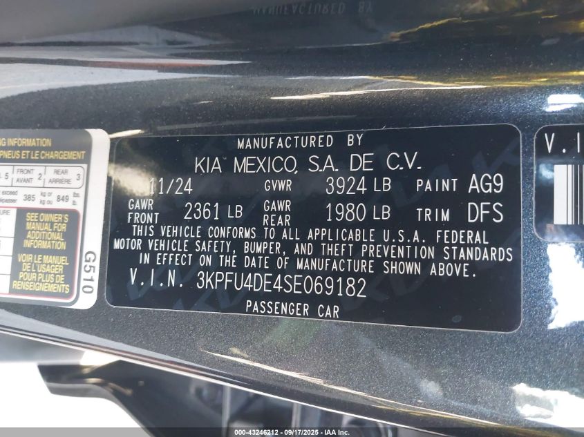 2025 Kia K4 Ex VIN: 3KPFU4DE4SE069182 Lot: 43246212