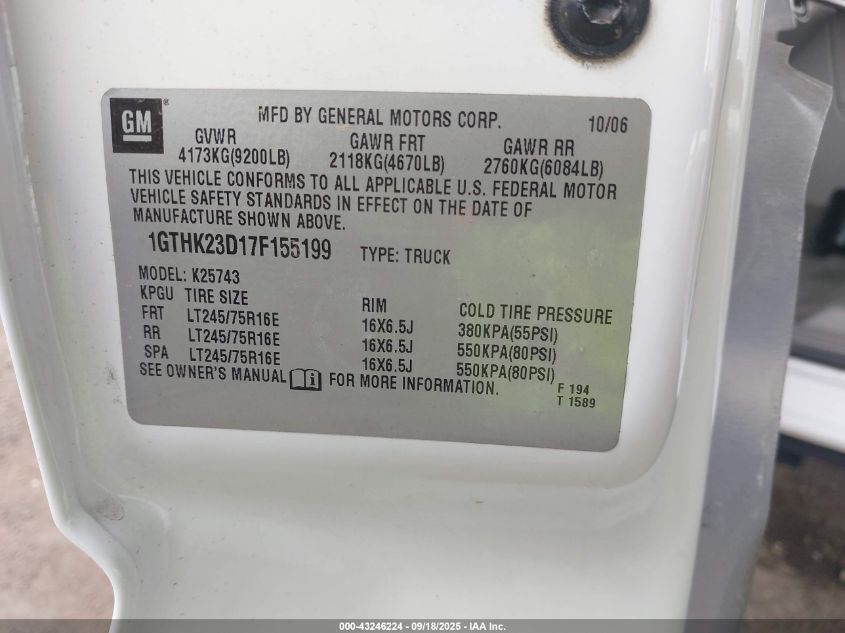 2007 GMC Sierra 2500Hd Classic Slt VIN: 1GTHK23D17F155199 Lot: 43246224