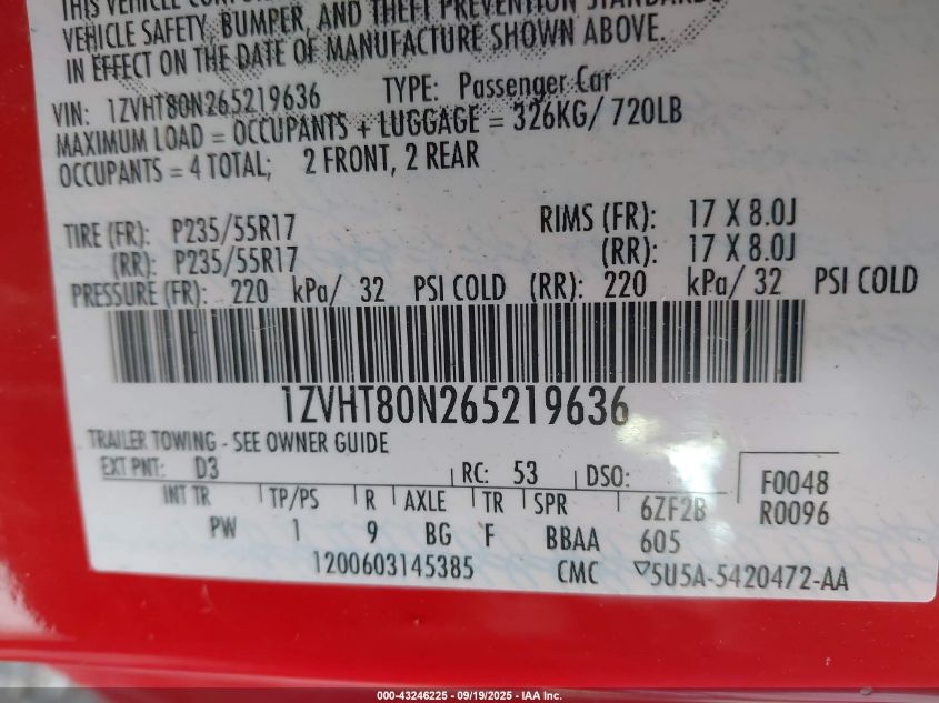 2006 Ford Mustang V6 VIN: 1ZVHT80N265219636 Lot: 43246225