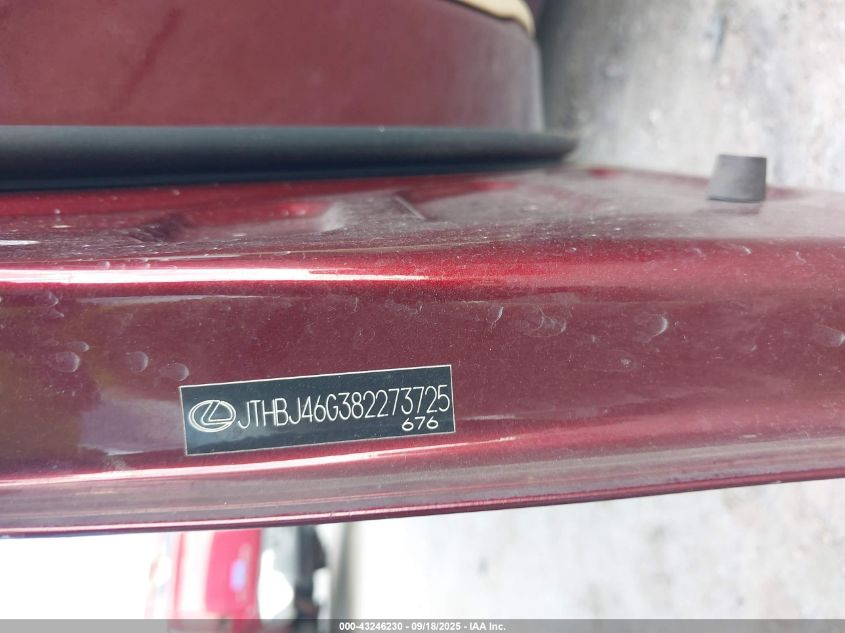 2008 Lexus Es 350 VIN: JTHBJ46G382273725 Lot: 43246230