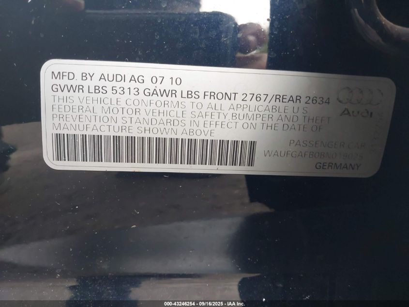 2011 Audi A6 3.0 Premium VIN: WAUFGAFB0BN019025 Lot: 43246254