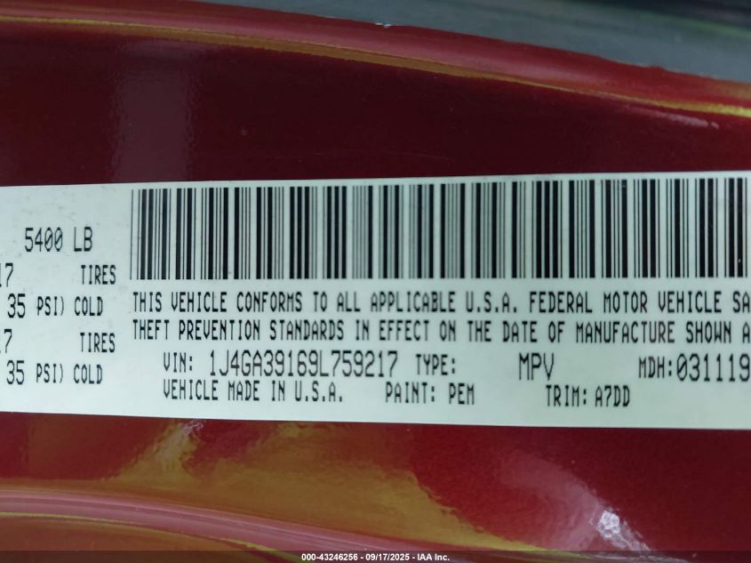 2009 Jeep Wrangler Unlimited X VIN: 1J4GA39169L759217 Lot: 43246256