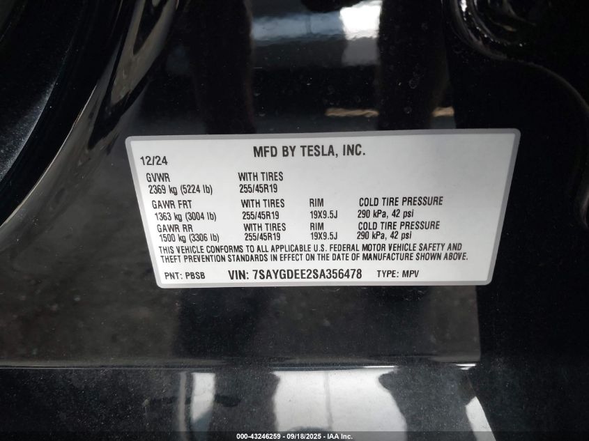 2025 Tesla Model Y Long Range Dual Motor All-Wheel Drive VIN: 7SAYGDEE2SA356478 Lot: 43246259