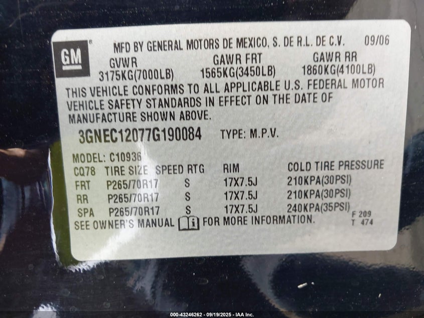 2007 Chevrolet Avalanche 1500 Lt VIN: 3GNEC12077G190084 Lot: 43246262