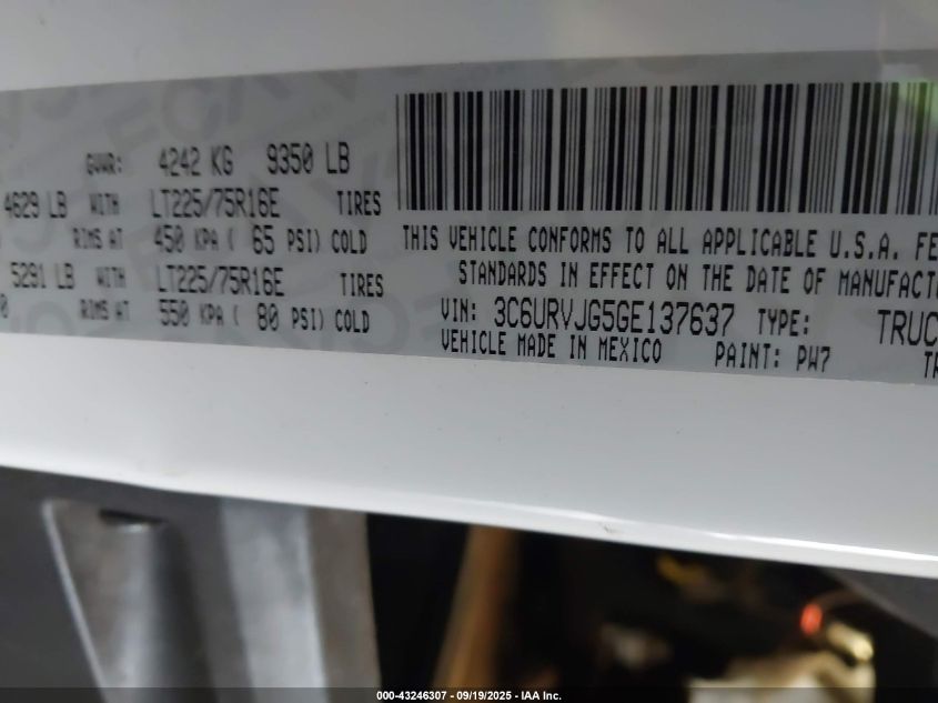 2016 Ram Promaster 3500 High Roof VIN: 3C6URVJG5GE137637 Lot: 43246307