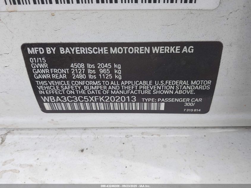 2015 BMW 320I xDrive VIN: WBA3C3C5XFK202013 Lot: 43246308