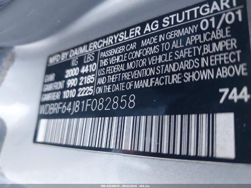 2001 Mercedes-Benz C 320 VIN: WDBRF64J81FO82858 Lot: 43246310