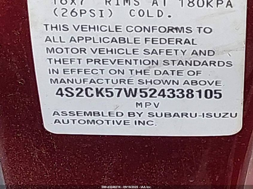 2002 Isuzu Rodeo Sport S 3.2L V6 Hard Top/S 3.2L V6 Soft Top VIN: 4S2CK57W524338105 Lot: 43246316