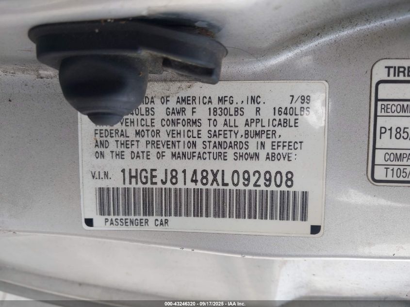 1999 Honda Civic Ex VIN: 1HGEJ8148XL092908 Lot: 43246320