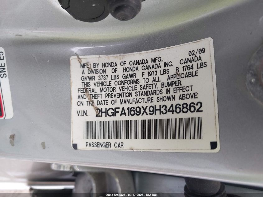 2009 Honda Civic Ex-L VIN: 2HGFA169X9H346862 Lot: 43246325