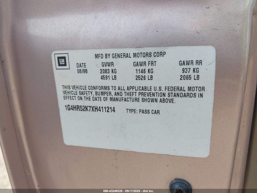 1999 Buick Lesabre Limited VIN: 1G4HR52K7XH411214 Lot: 43246328