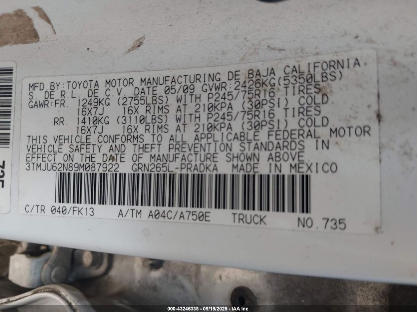 2009 Toyota Tacoma Prerunner V6 VIN: 3TMJU62N89M087922 Lot: 43246335