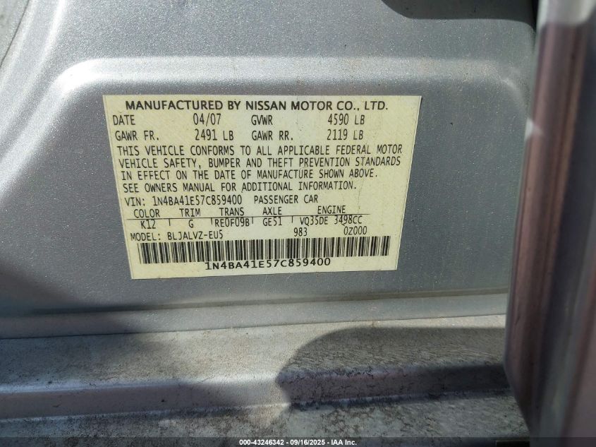 2007 Nissan Maxima 3.5 Se VIN: 1N4BA41E57C859400 Lot: 43246342