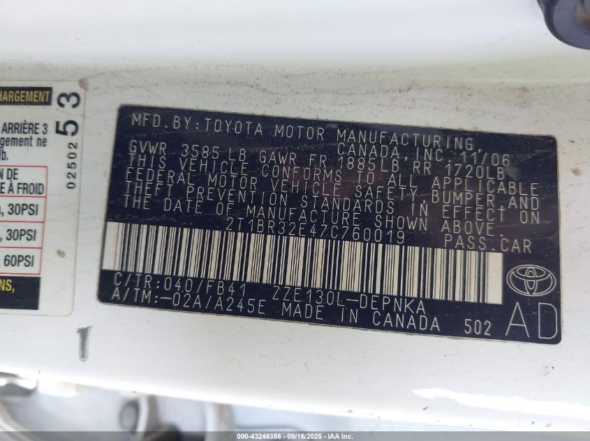 2007 Toyota Corolla Le VIN: 2T1BR32E47C760019 Lot: 43246356