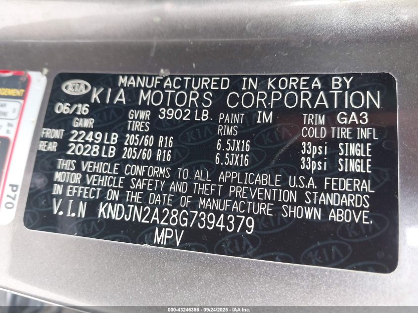 2016 Kia Soul VIN: KNDJN2A28G7394379 Lot: 43246358