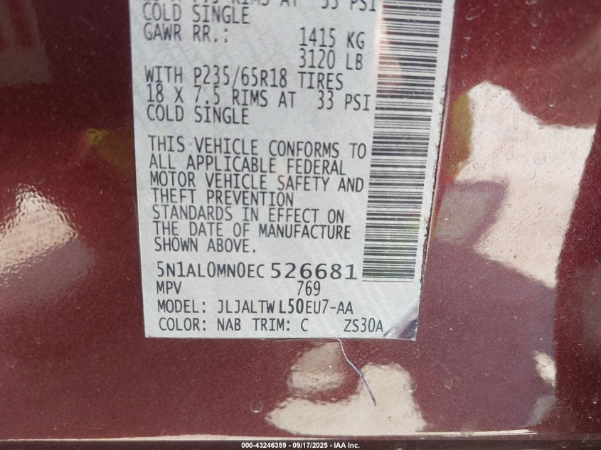 2014 Infiniti Qx60 VIN: 5N1AL0MN0EC526681 Lot: 43246359