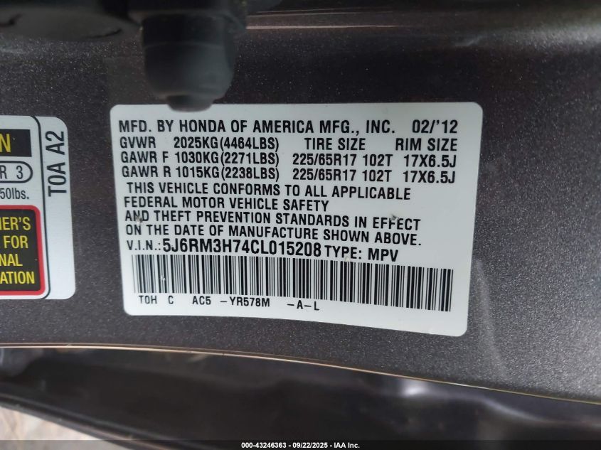 2012 Honda Cr-V Ex-L VIN: 5J6RM3H74CL015208 Lot: 43246363