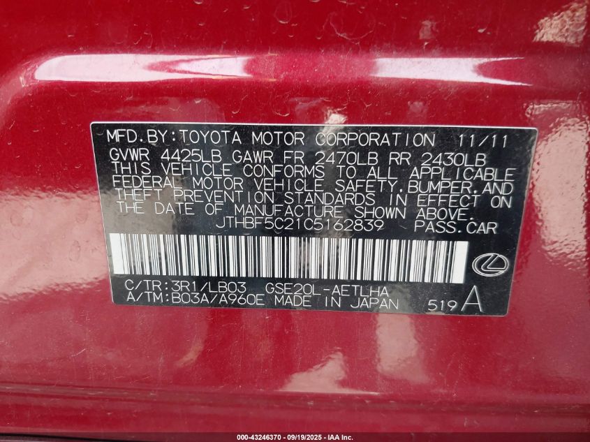 2012 Lexus Is 250 VIN: JTHBF5C21C5162839 Lot: 43246370