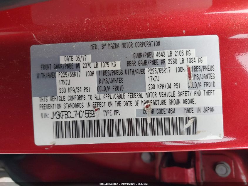 2017 Mazda Cx-5 Touring VIN: JM3KFBCL7H0156967 Lot: 43246367