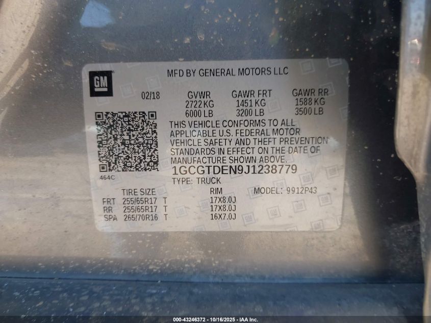 2018 Chevrolet Colorado Z71 VIN: 1GCGTDEN9J1238779 Lot: 43246372